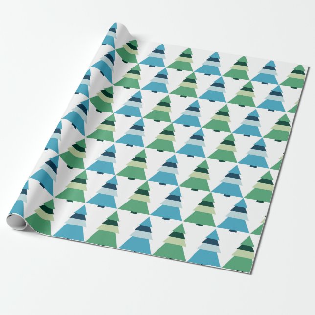Blue and Green Christmas Trees Gift Wrapping Paper (Unrolled)