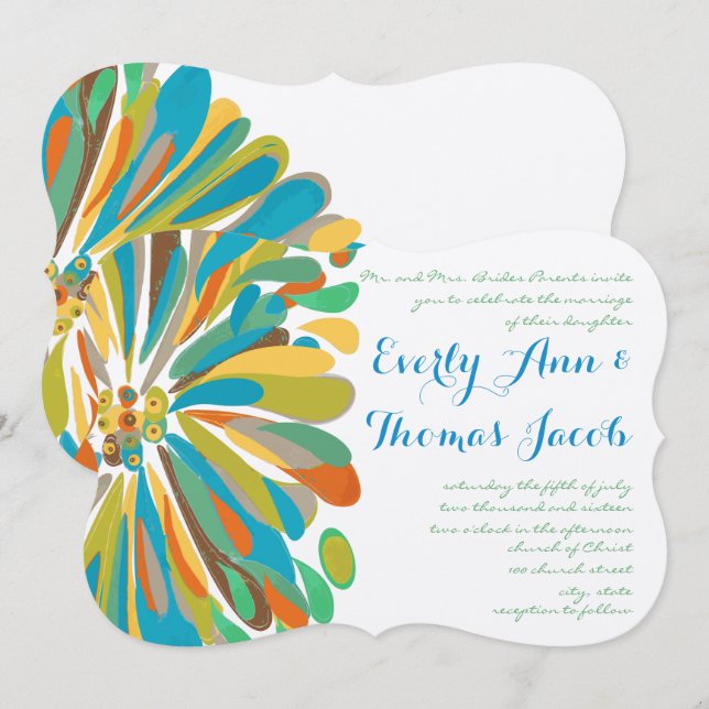 Blue and Green Chrysanthemum Wedding Invitation (Front/Back)