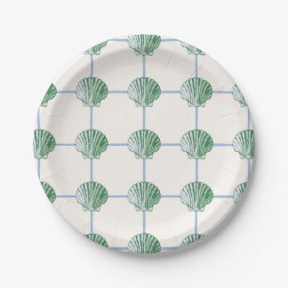 Blue and Green Clam Seashell Chequered Paper Plate