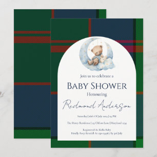 Blue and Green Classic  Plaid Boy Baby shower bear Invitation