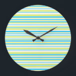 Blue and green colours simple Stripes Pattern Large Clock<br><div class="desc">Cute and fresh design in vibrant colours. Blue and neon green stripes. 🔹 You can customize it - edit background colour,  resize/rotate image,  add text and more :) 🔹🔹🔹 Send me a photo of your purchase or just share it and tag me @edrawings38art (on FB/IG/Twitter) Thank you! 💜</div>