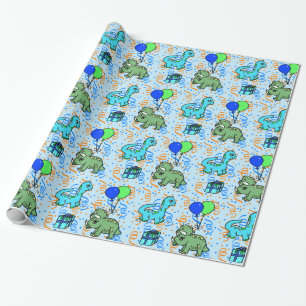 Blue and green Confetti Dinosaurs Birthday Wrapping Paper