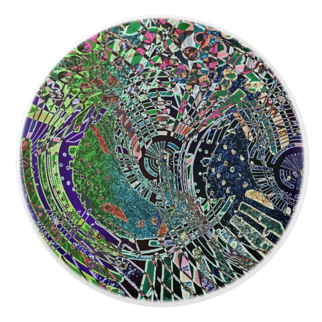 Blue and Green Contemporary Mosaic Abstract Art  Ceramic Knob (Front)