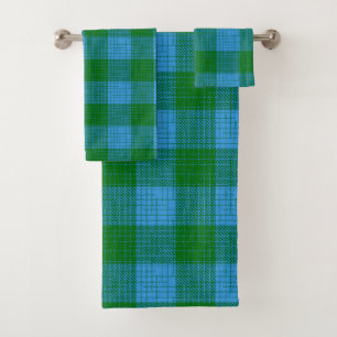 Blue and Green Crosshatch Chequered Design Bath Towel Set