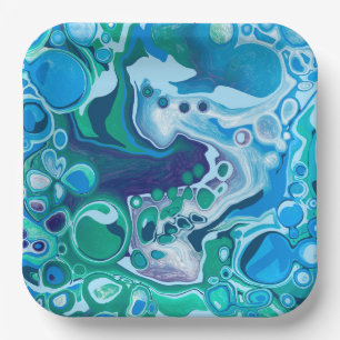 Blue and Green Digital Marble Fluid Art  Paper Pla Paper Plate