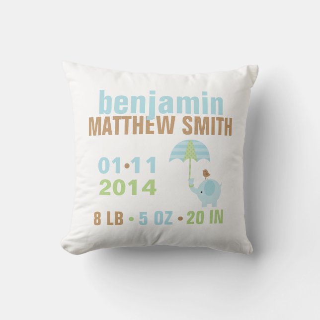 Blue and Green Elephant Baby Birth Announcement Throw Pillow (Front)