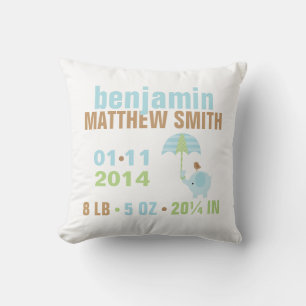 Blue and Green Elephant Baby Birth Announcement Throw Pillow
