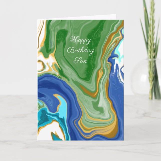 Blue and Green Faux Marble Personalized Birthday  Card (Front)