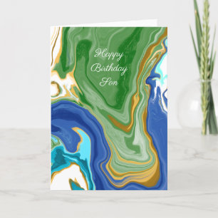 Blue and Green Faux Marble Personalized Birthday Card