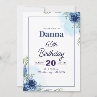 Blue and Green Floral 60th Birthday Invitation