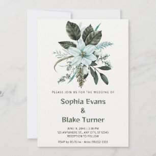 Blue and Green Floral Botanical Off White Wedding Invitation