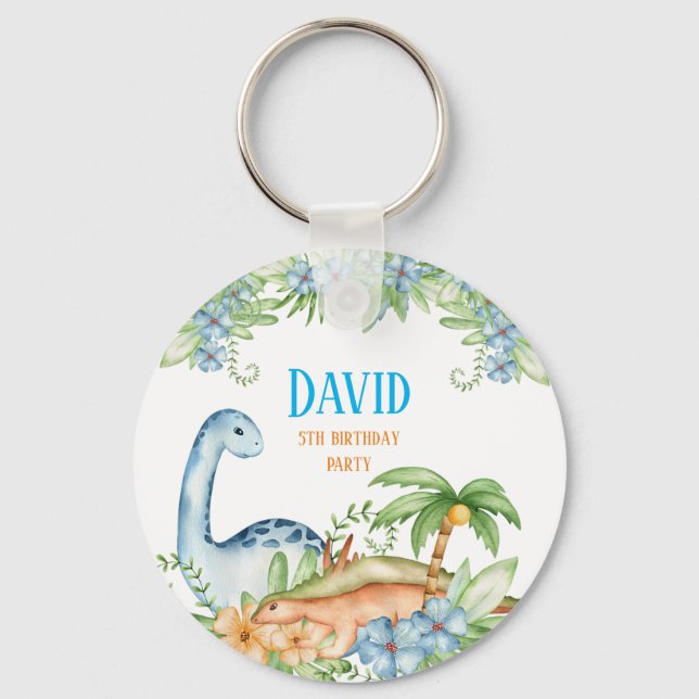 Blue and Green floral Dinosaur birthday party   Keychain (Front)
