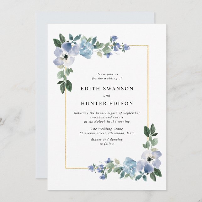 blue and green floral frame wedding invitation (Front/Back)