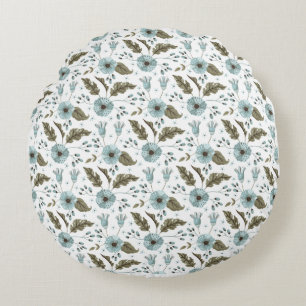Blue and Green Floral Round Pillow