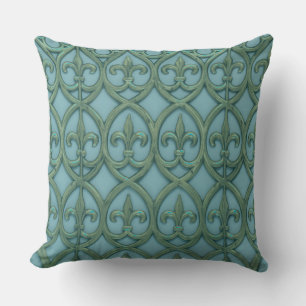 Blue And Green Fluer-de-lis Pattern Throw Pillow