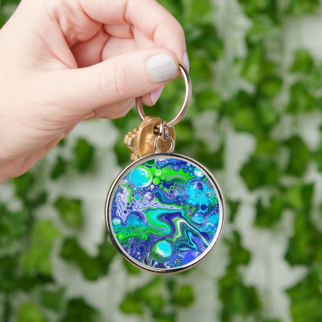 Blue and Green Fluid Art Pour Painting Effect Keychain (Hand)