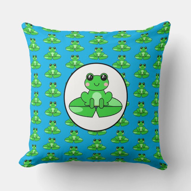 Blue and Green Frog Themed  Throw Pillow (Front)