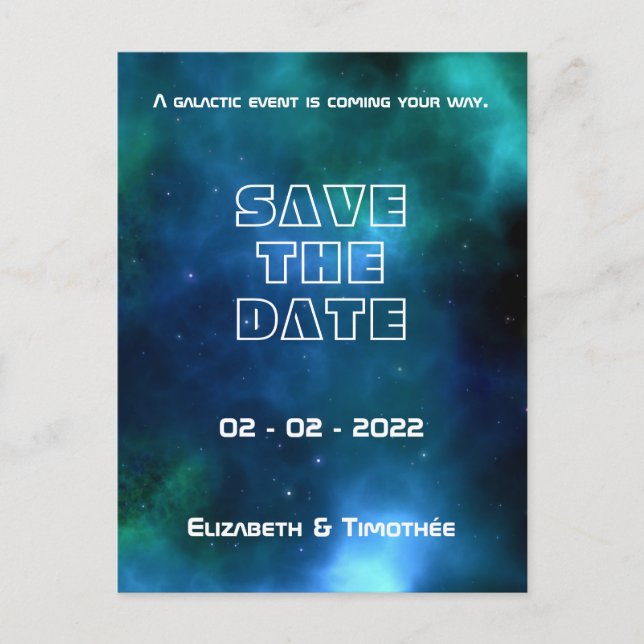 Blue and Green Galaxy Wedding Save The Date Announcement Postcard (Front)