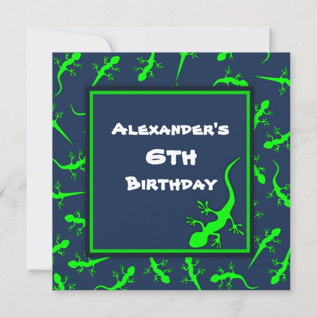 Blue and Green Gecko Lizards Theme Birthday Party Invitation (Front)