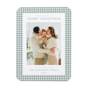 Blue and Green Gingham Christmas Photo Magnet