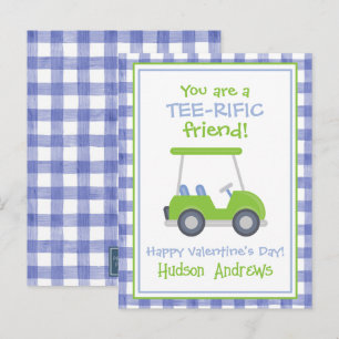 Blue and Green Gingham Golf Cart Valentine's Cards