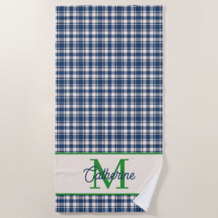 Blue and Green Gingham Plaid Tartan Monogram Beach Towel
