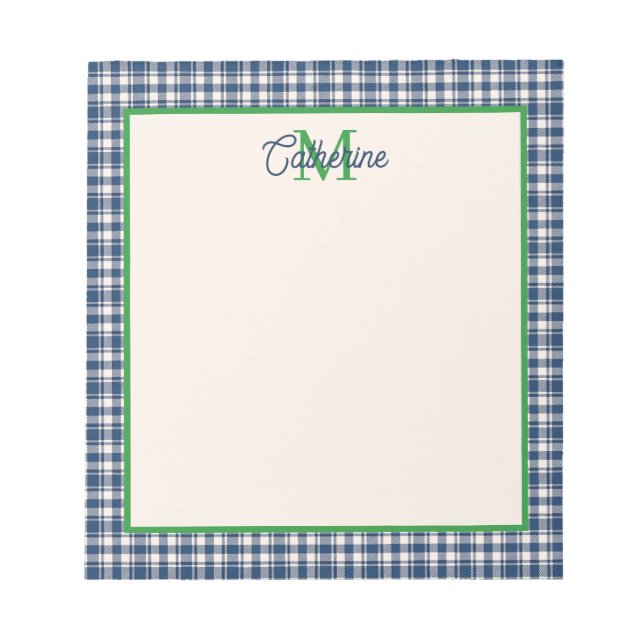 Blue and Green Gingham Plaid Tartan Monogram Notepad (Front)