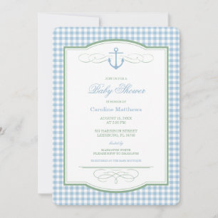 Blue and Green Gingham Preppy Coastal Baby Shower Invitation