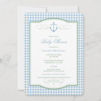 Blue and Green Gingham Preppy Coastal Baby Shower Invitation