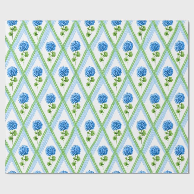 Blue and Green Grandmillenial Hydrangea Ditsy  Wrapping Paper (Flat)