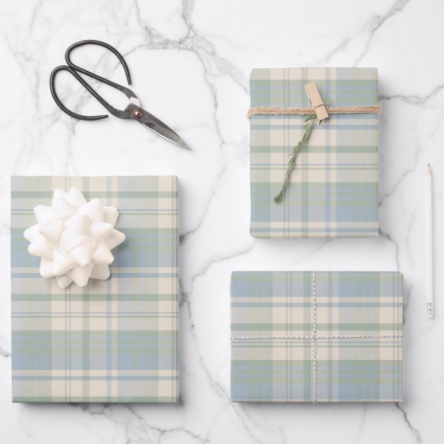 Blue and Green Grandmillennial Plaid Pattern Wrapping Paper Sheet (Front)
