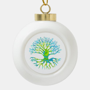 Blue and Green Groovy Retro Tree with Roots Design Ceramic Ball Christmas Ornament