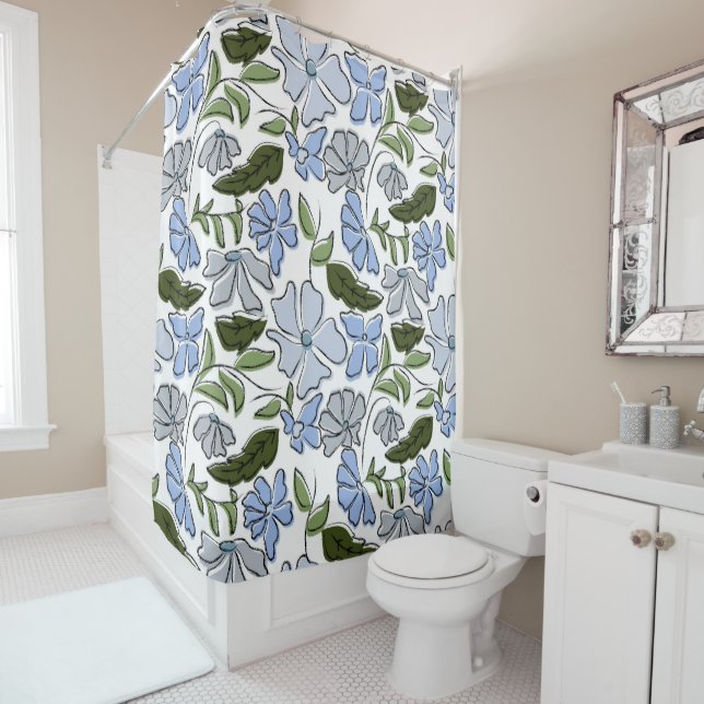 Blue and Green Hand Drawn Floral Block Print (In Situ)