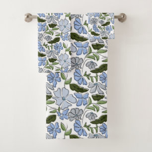 Blue and Green Hand Drawn Floral Block Print Bath Towel Set