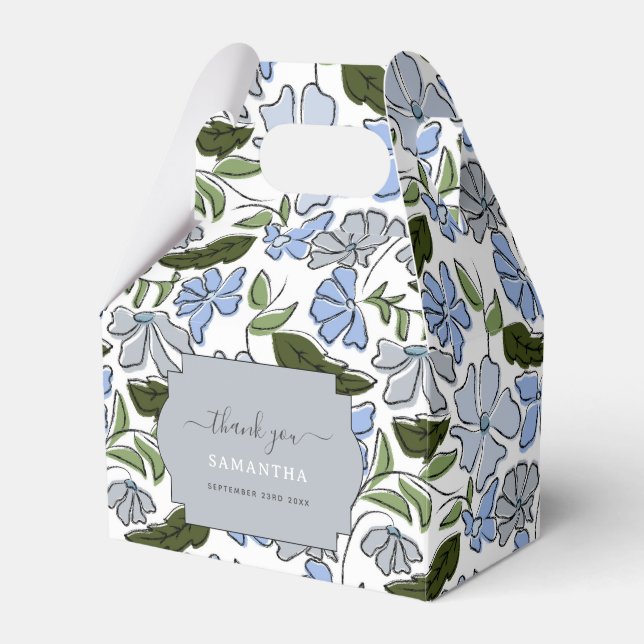 Blue and Green Hand Drawn Floral Block Print Favor Box (Front Side)