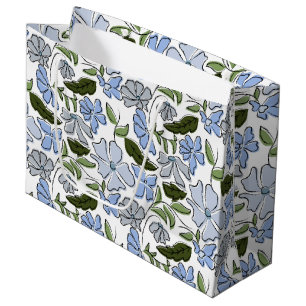 Blue and Green Hand Drawn Floral Block Print Large Gift Bag