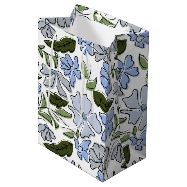 Blue and Green Hand Drawn Floral Block Print Medium Gift Bag (Front Angled)