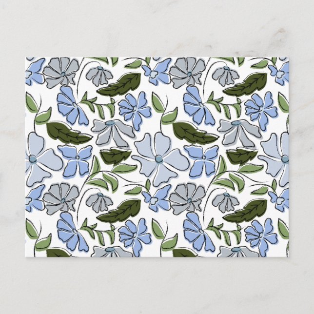Blue and Green Hand Drawn Floral Block Print Postcard (Front)