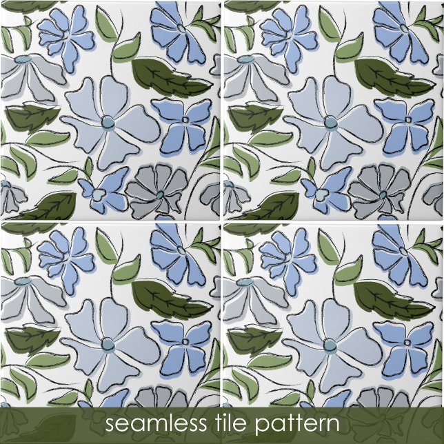 Blue and Green Hand Drawn Floral Block Print Tile (Blue and Green Hand Drawn Floral Block Print Ceramic Tile)