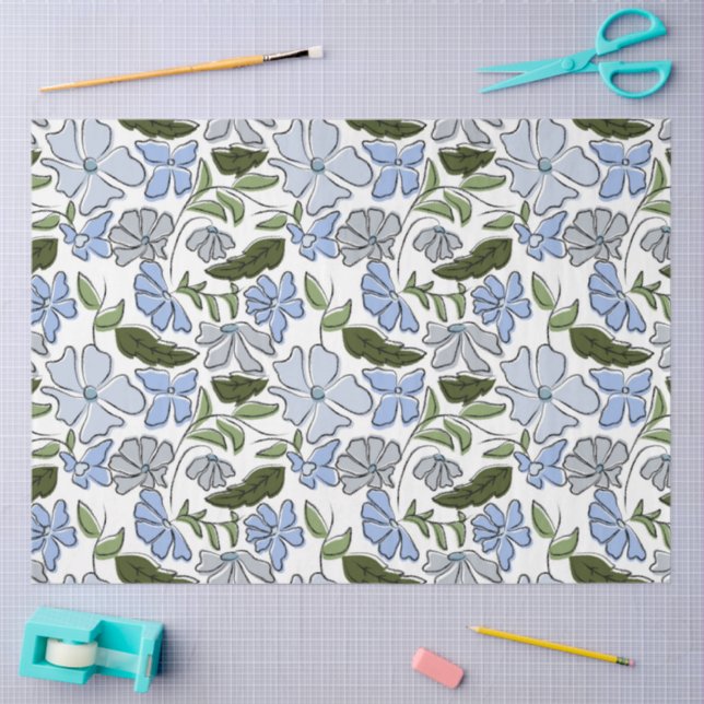 Blue and Green Hand Drawn Floral Block Print Tissue Paper (Craft)