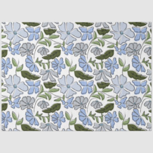 Blue and Green Hand Drawn Floral Block Print Tissue Paper