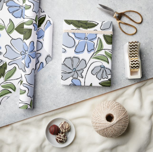 Blue and Green Hand Drawn Floral Block Print Wrapping Paper (Crafts)