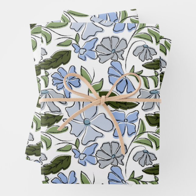 Blue and Green Hand Drawn Floral Block Print Wrapping Paper Sheet (In situ)