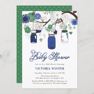 Blue and Green Hanging Mason Jars Baby Shower Invitation