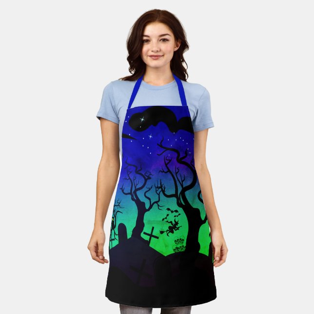 Blue and green haunted graveyard Halloween Apron (Worn)