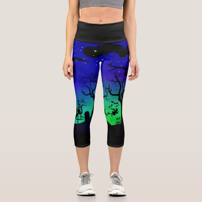 Blue and green haunted graveyard Halloween Capri Leggings (Front)