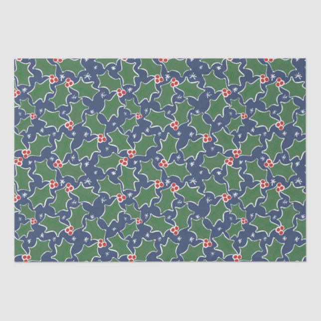 Blue and Green Holly Christmas Tissue Paper (Front)