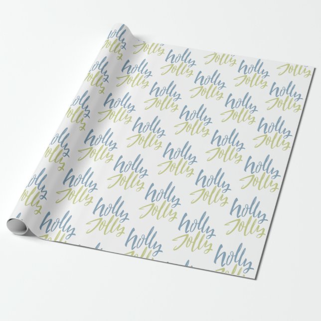 Blue and Green Holly Jolly Wrapping Paper (Unrolled)