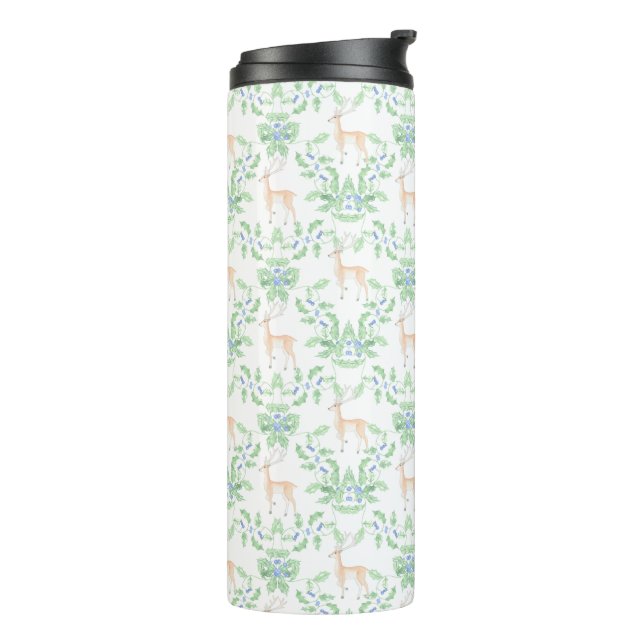 Blue and Green Holly Trellis with Deer Thermal Tumbler (Rotated Left)