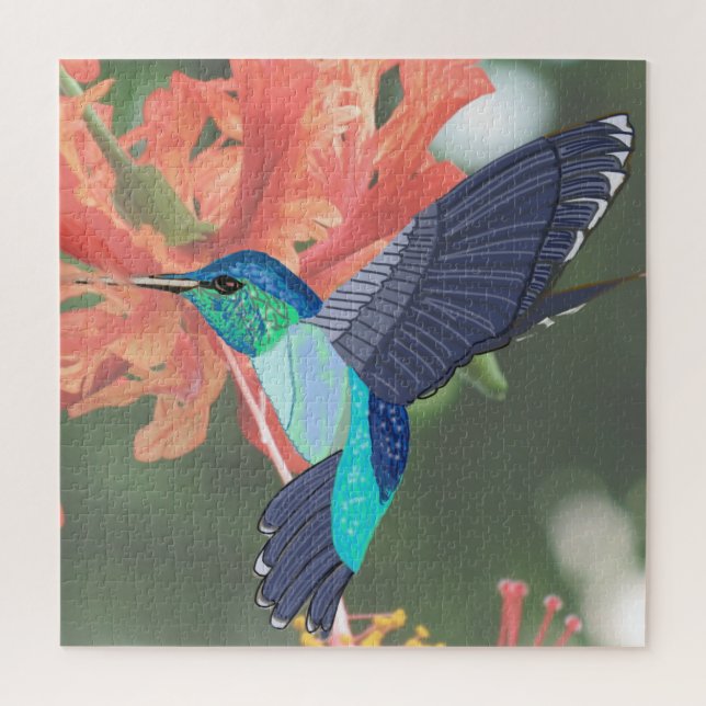 Blue and Green Hummingbird and orange Hibiscus Jigsaw Puzzle (Vertical)